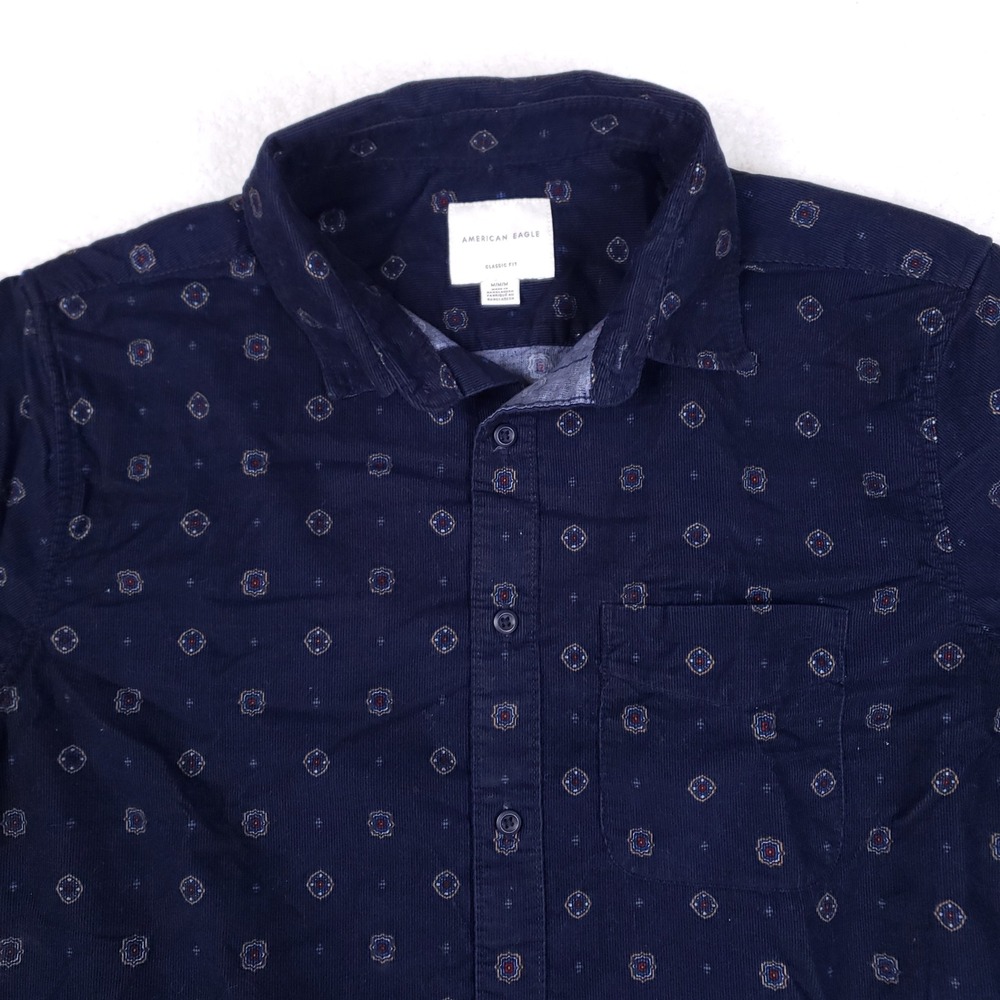 American Eagle Corduroy Button Up Men M Navy Blue Geometric Classic Fit‎ Shirt - Picture 2 of 8
